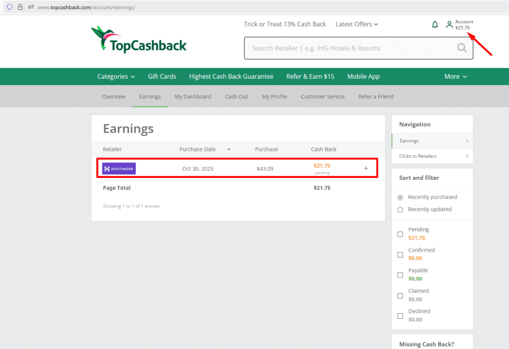 cashback earning added