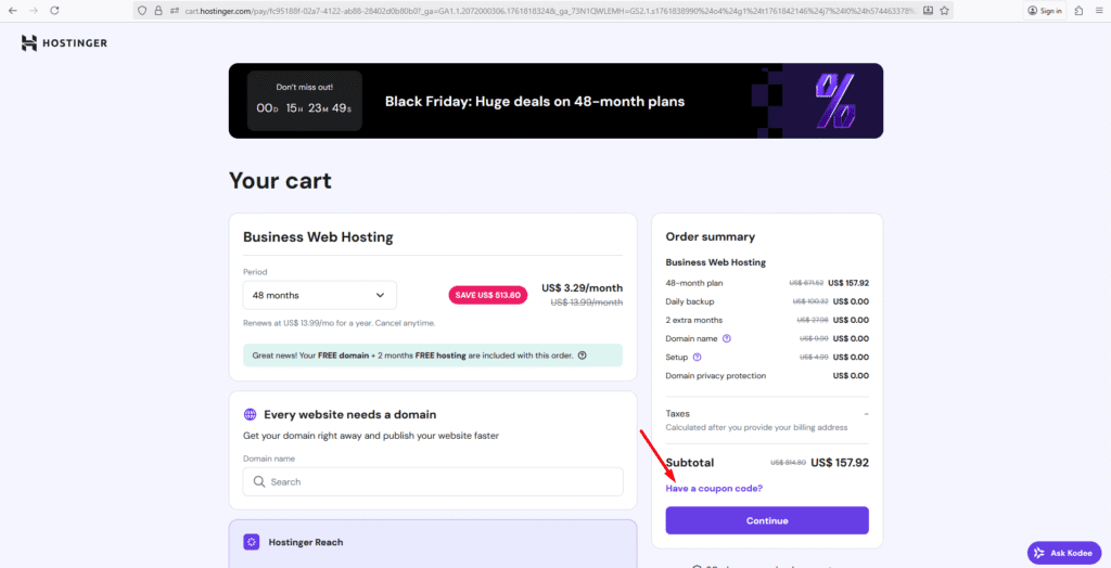 hostinger hosting checkout